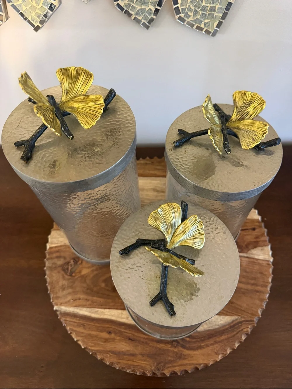 Michael Aram Glass Canister Set with Gold Ginkgo Leaf Lids - Home Accents